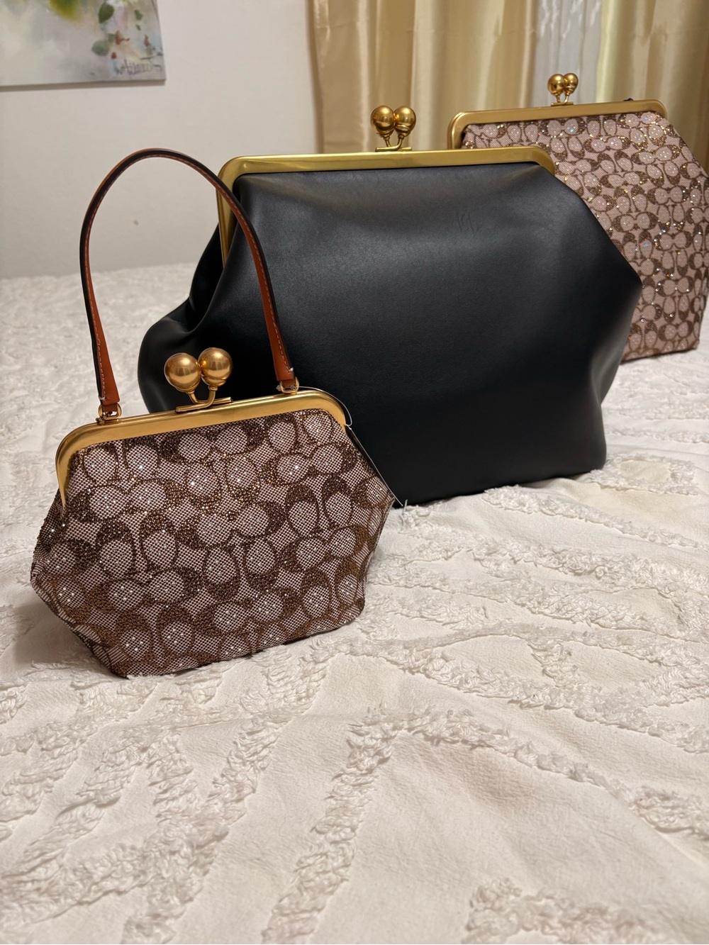 Small Coach Brown Signature Rhinestone Jacquard Kisslock Frame Bag - Picture 3 of 5